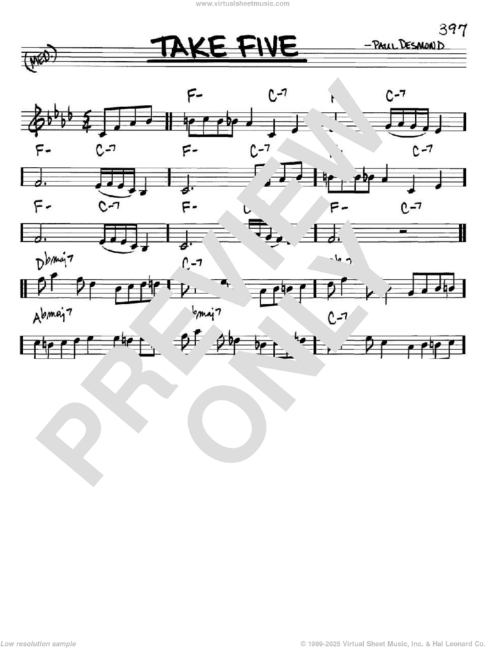 Take Five sheet music for voice and other instruments (in Bb) by Dave Brubeck and Paul Desmond, intermediate skill level