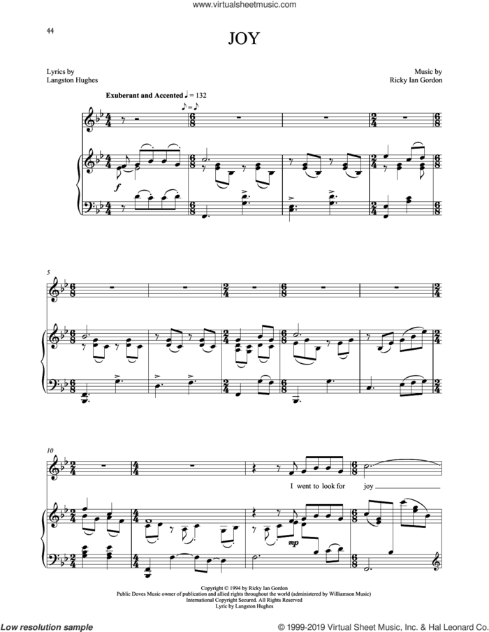 Joy sheet music for voice and piano by Ricky Ian Gordon and Langston Hughes, classical score, intermediate skill level