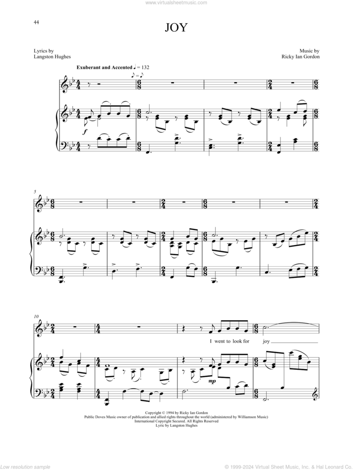 Joy sheet music for voice and piano by Langston Hughes and Ricky Ian Gordon, classical score, intermediate skill level