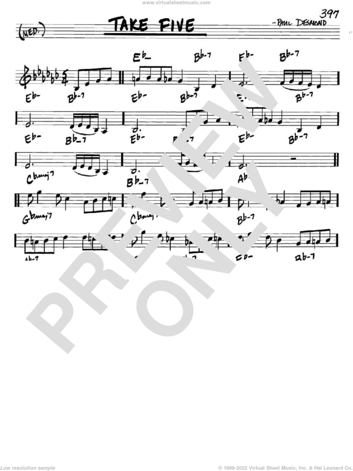 Take Five sheet music for voice and other instruments (in C) by Dave Brubeck and Paul Desmond, intermediate skill level