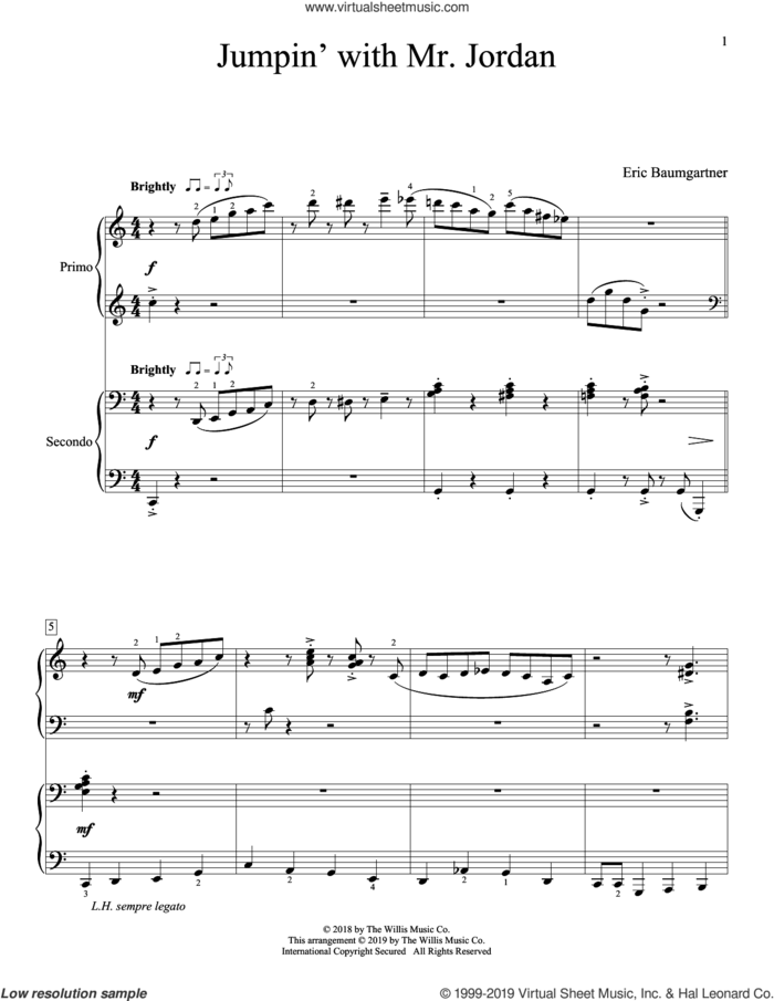 Jumpin' With Mr. Jordan sheet music for piano four hands by Eric Baumgartner, intermediate skill level