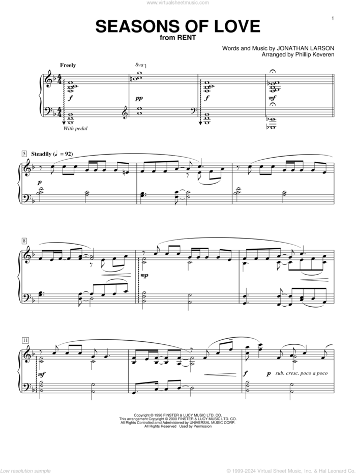 Seasons Of Love (from Rent) (arr. Phillip Keveren) sheet music for piano solo by Jonathan Larson, intermediate skill level