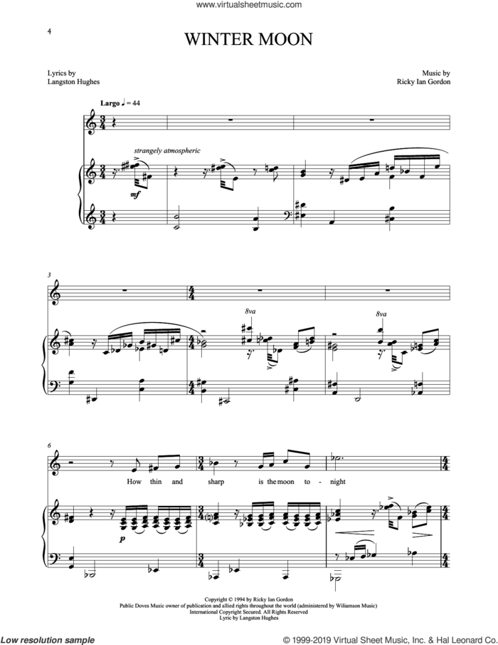 Winter Moon sheet music for voice and piano by Langston Hughes and Ricky Ian Gordon, classical score, intermediate skill level