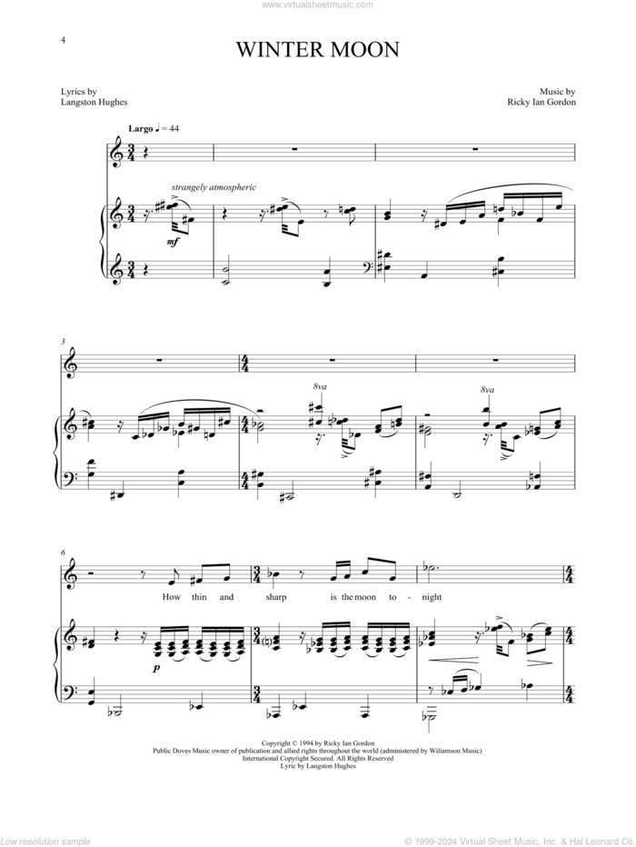 Winter Moon sheet music for voice and piano by Langston Hughes and Ricky Ian Gordon, classical score, intermediate skill level