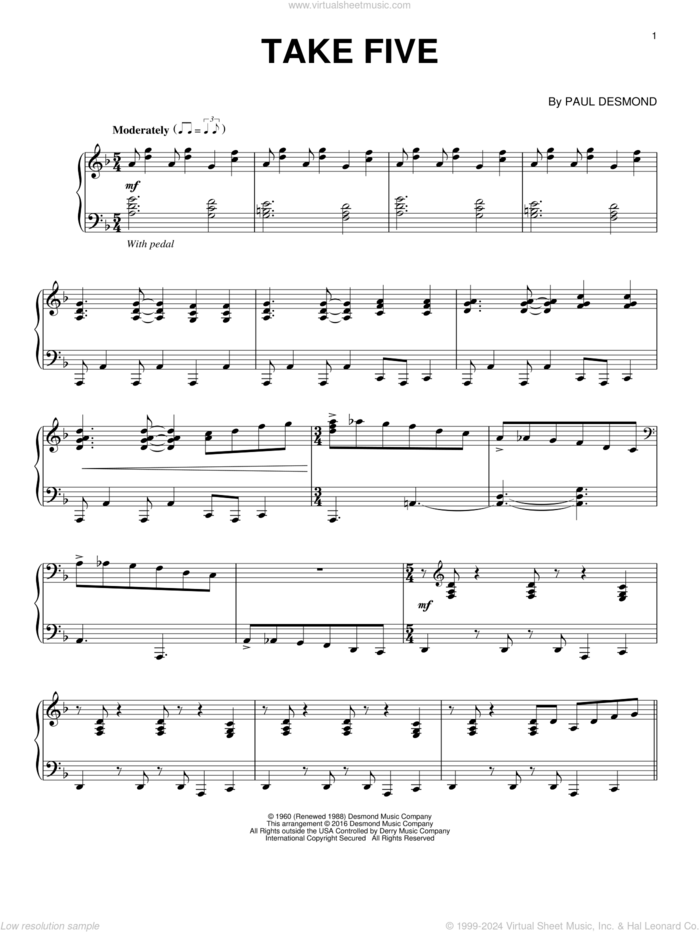 Take Five sheet music for piano solo by Dave Brubeck and Paul Desmond, intermediate skill level