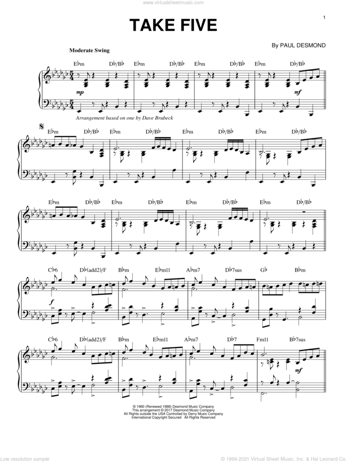 Take Five sheet music for piano solo by Dave Brubeck and Paul Desmond, intermediate skill level