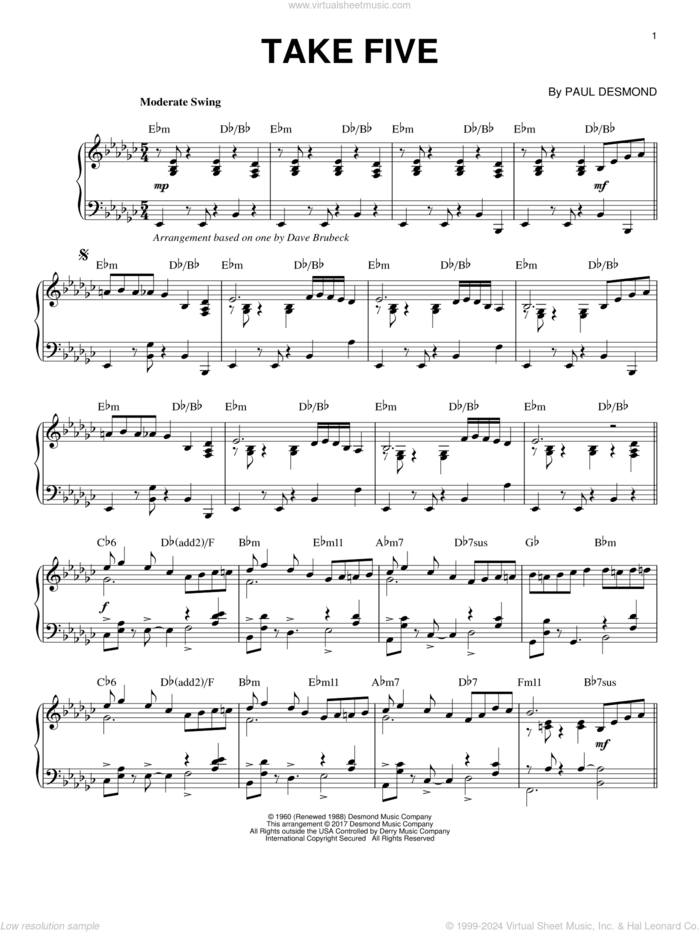 Take Five sheet music for piano solo by Dave Brubeck and Paul Desmond, intermediate skill level