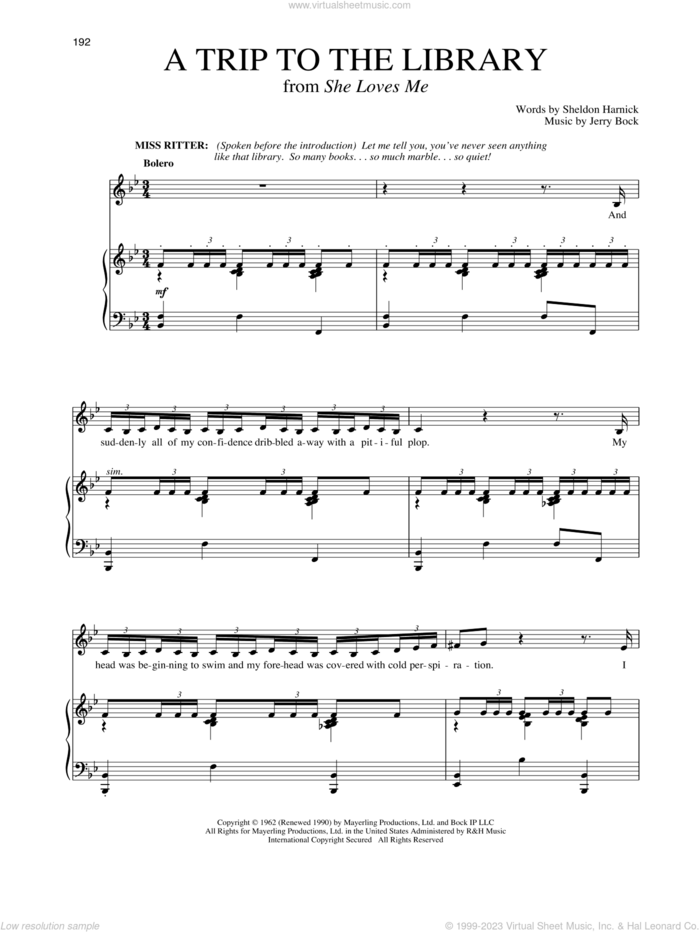 A Trip To The Library (from She Loves Me) sheet music for voice and piano by Jerry Bock, Richard Walters, Sheldon Harnick and Sheldon Harnick & Jerry Bock, intermediate skill level
