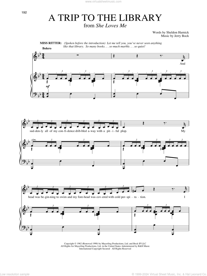 A Trip To The Library (from She Loves Me) sheet music for voice and piano by Jerry Bock, Richard Walters, Sheldon Harnick and Sheldon Harnick & Jerry Bock, intermediate skill level