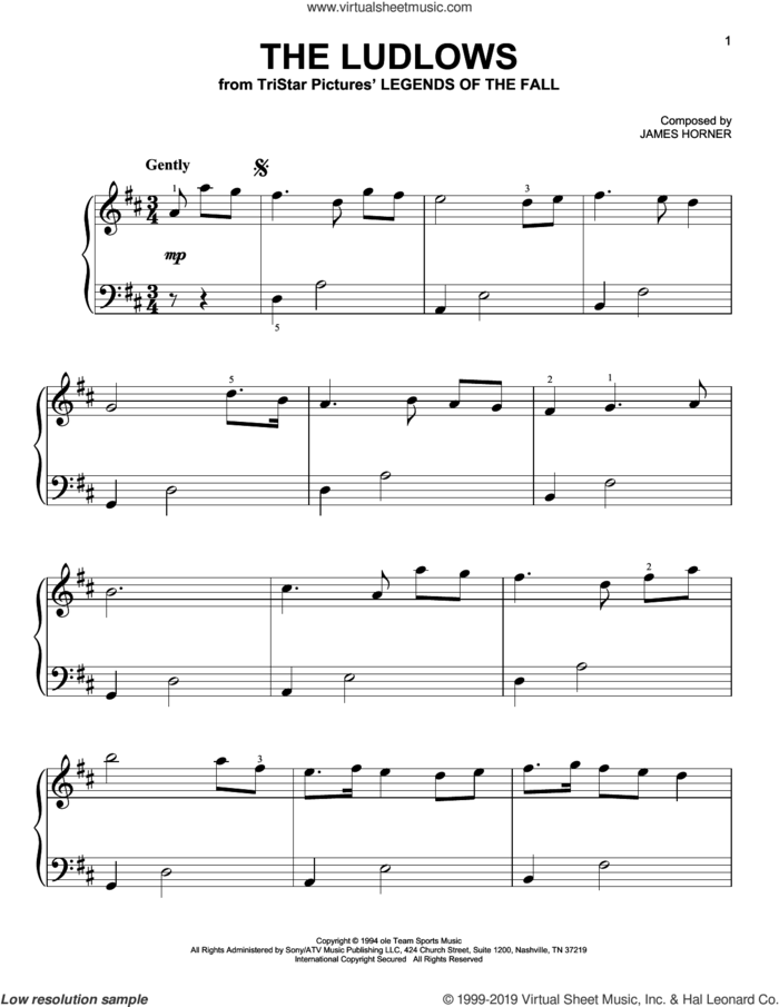 The Ludlows (from Legends of the Fall) sheet music for piano solo by James Horner, beginner skill level