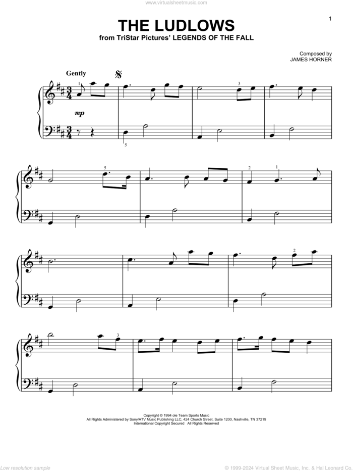 The Ludlows (from Legends of the Fall) sheet music for piano solo by James Horner, beginner skill level