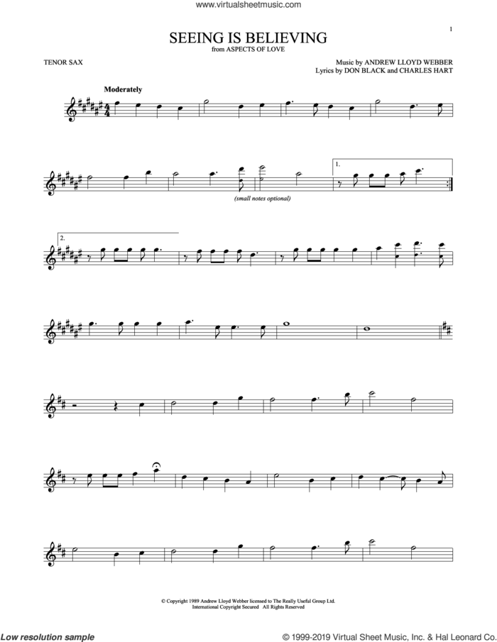 Seeing Is Believing (from Aspects of Love) sheet music for tenor saxophone solo by Andrew Lloyd Webber, Charles Hart and Don Black, intermediate skill level
