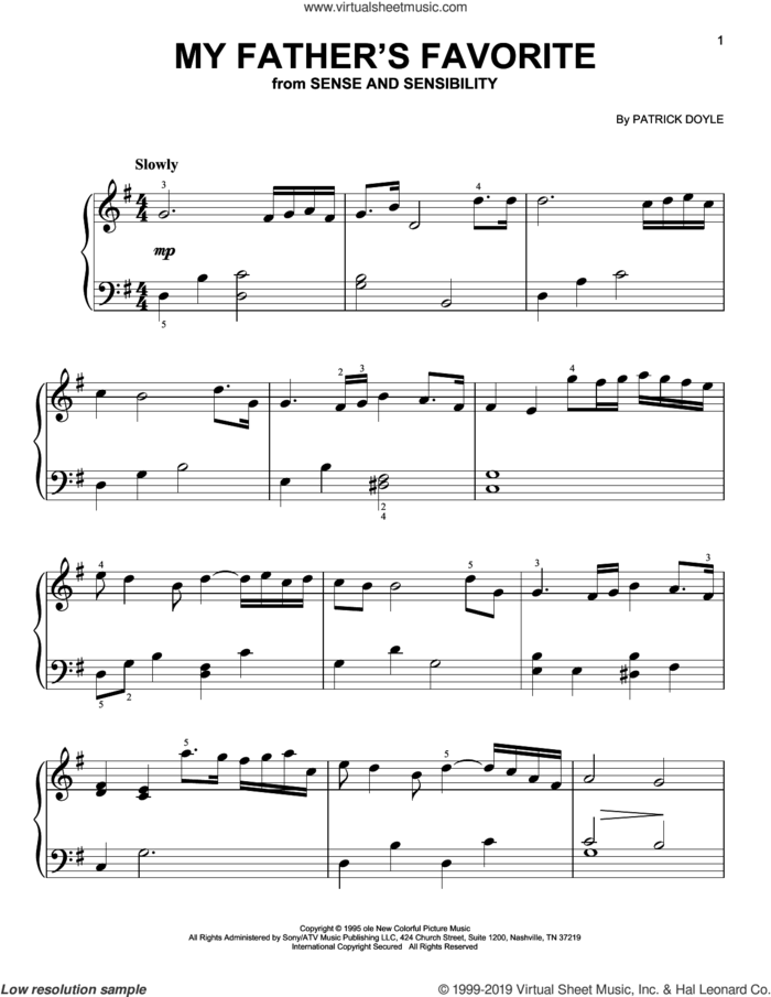 My Father's Favorite (from Sense and Sensibility) sheet music for piano solo by Patrick Doyle, beginner skill level