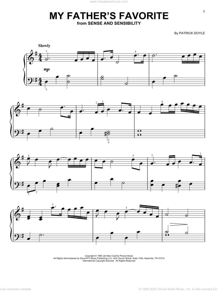 My Father's Favorite (from Sense and Sensibility) sheet music for piano solo by Patrick Doyle, beginner skill level