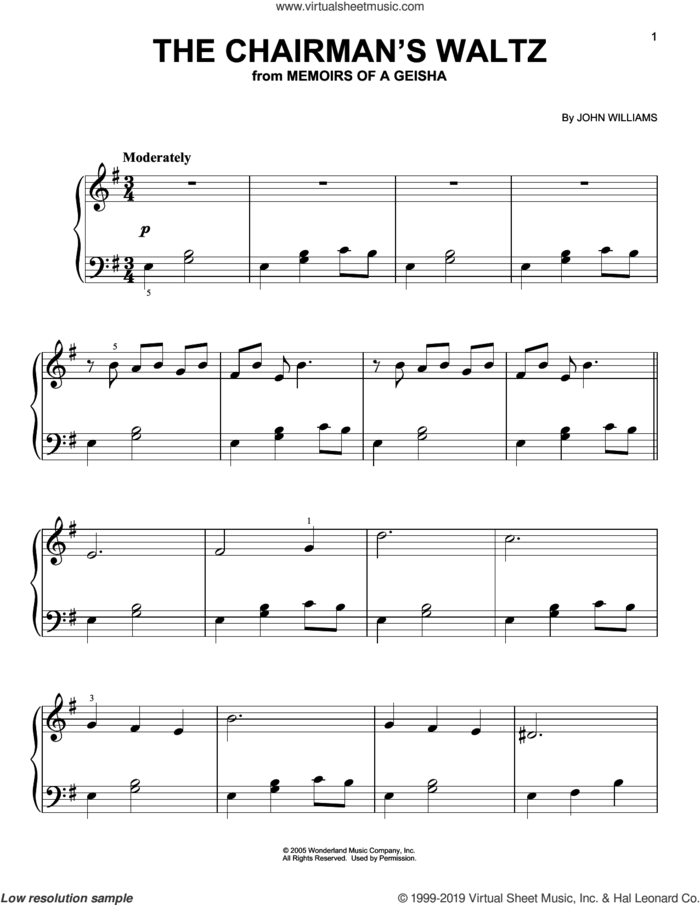 The Chairman's Waltz (from Memoirs of a Geisha) sheet music for piano solo by John Williams, beginner skill level