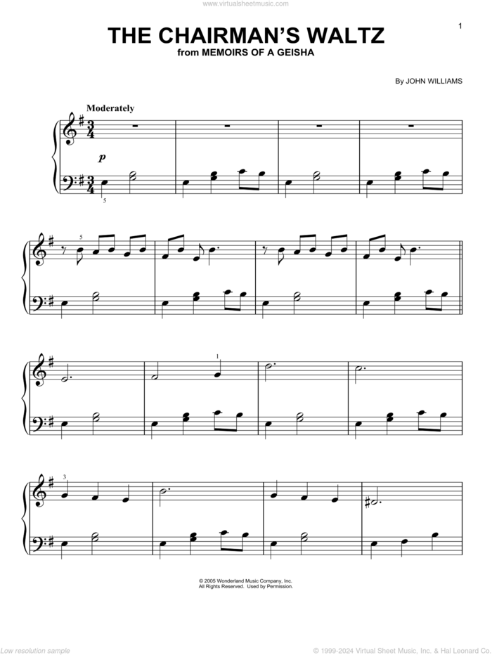 The Chairman's Waltz (from Memoirs of a Geisha) sheet music for piano solo by John Williams, beginner skill level