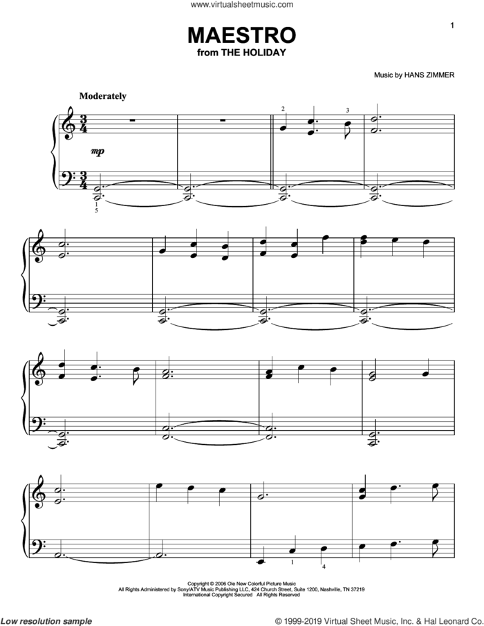 Maestro (from The Holiday), (beginner) sheet music for piano solo by Hans Zimmer, beginner skill level