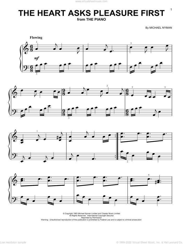 The Heart Asks Pleasure First (from The Piano) sheet music for piano solo by Michael Nyman, beginner skill level