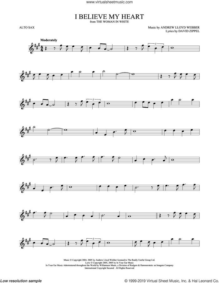 I Believe My Heart (from The Woman In White) sheet music for alto saxophone solo by Andrew Lloyd Webber and David Zippel, intermediate skill level
