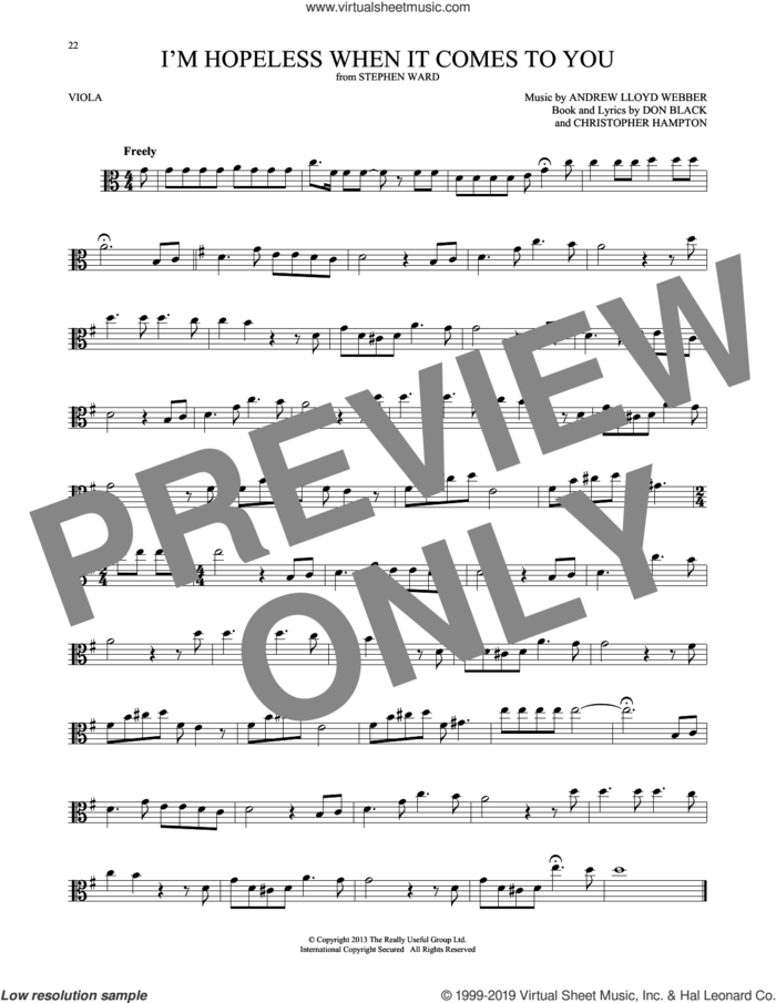 I'm Hopeless When It Comes To You (from Stephen Ward) sheet music for viola solo by Andrew Lloyd Webber, Christopher Hampton and Don Black, intermediate skill level
