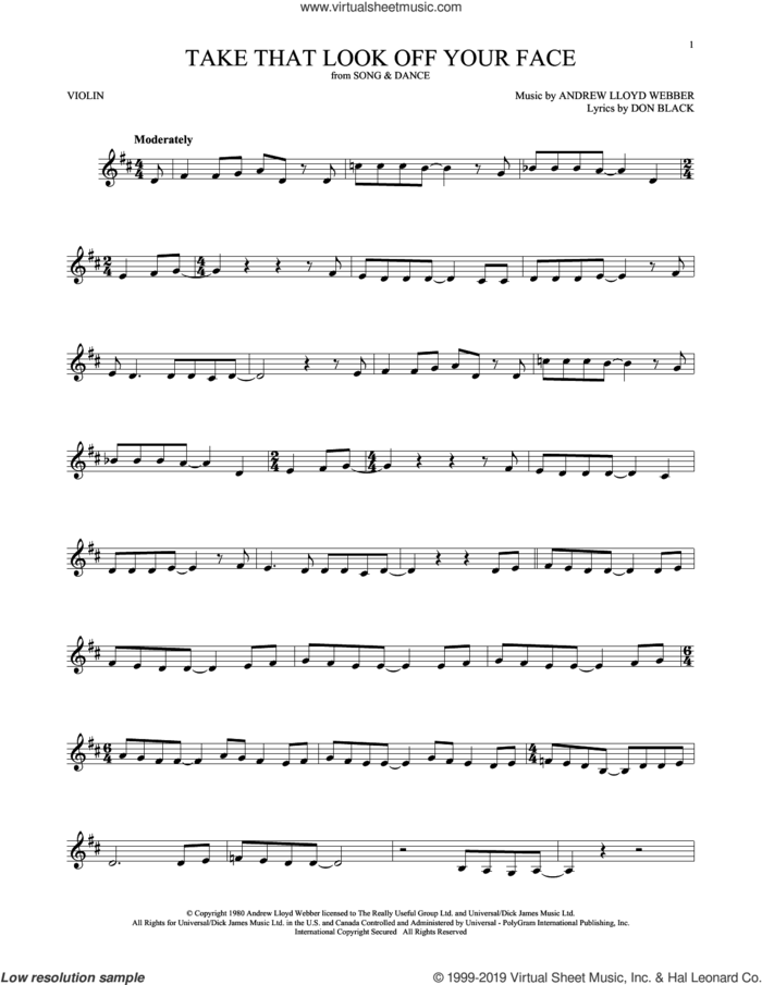 Take That Look Off Your Face (from Tell Me On a Sunday) sheet music for violin solo by Andrew Lloyd Webber and Don Black, intermediate skill level