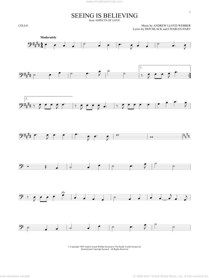 Seeing Is Believing (from Aspects of Love) sheet music for cello solo by Andrew Lloyd Webber, Charles Hart and Don Black, intermediate skill level