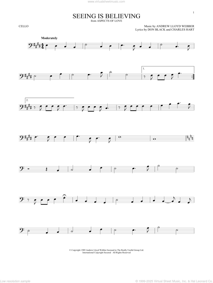 Seeing Is Believing (from Aspects of Love) sheet music for cello solo by Andrew Lloyd Webber, Charles Hart and Don Black, intermediate skill level