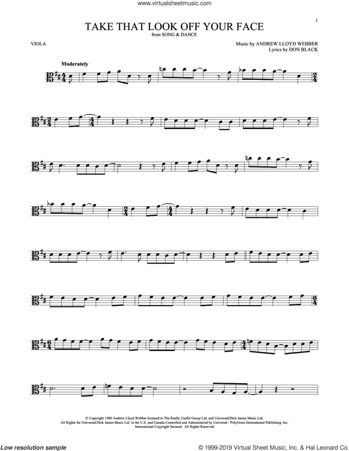 Take That Look Off Your Face (from Tell Me On a Sunday) sheet music for viola solo by Andrew Lloyd Webber and Don Black, intermediate skill level