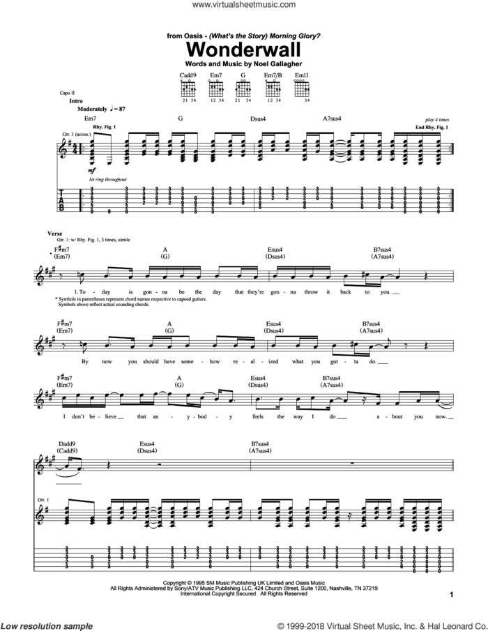 Wonderwall sheet music for guitar (tablature) by Oasis and Noel Gallagher, intermediate skill level