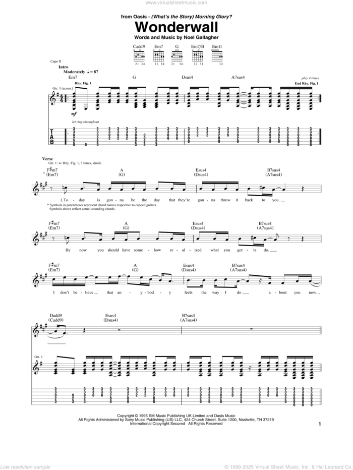 Wonderwall sheet music for guitar (tablature) by Oasis and Noel Gallagher, intermediate skill level