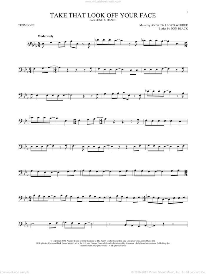 Take That Look Off Your Face (from Tell Me On a Sunday) sheet music for trombone solo by Andrew Lloyd Webber and Don Black, intermediate skill level