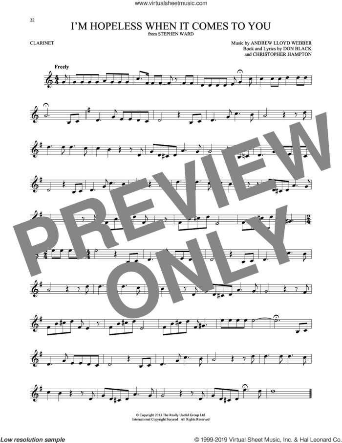 I'm Hopeless When It Comes To You (from Stephen Ward) sheet music for clarinet solo by Andrew Lloyd Webber, Christopher Hampton and Don Black, intermediate skill level