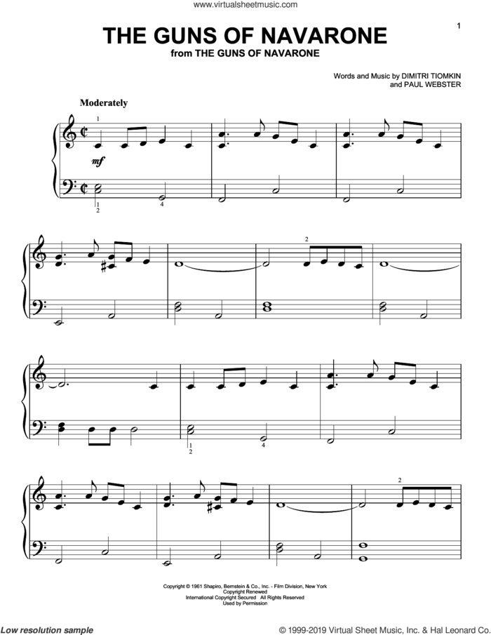 The Guns Of Navarone (from The Guns of Navarone) sheet music for piano solo by Paul Francis Webster and Dimitri Tiomkin, beginner skill level