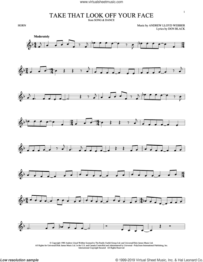 Take That Look Off Your Face (from Tell Me On a Sunday) sheet music for horn solo by Andrew Lloyd Webber and Don Black, intermediate skill level