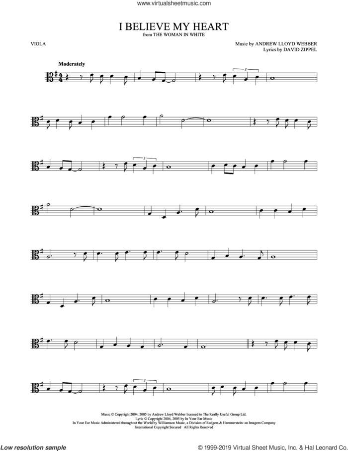 I Believe My Heart (from The Woman In White) sheet music for viola solo by Andrew Lloyd Webber and David Zippel, intermediate skill level