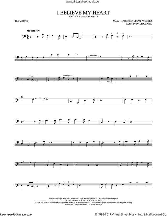 I Believe My Heart (from The Woman In White) sheet music for trombone solo by Andrew Lloyd Webber and David Zippel, intermediate skill level