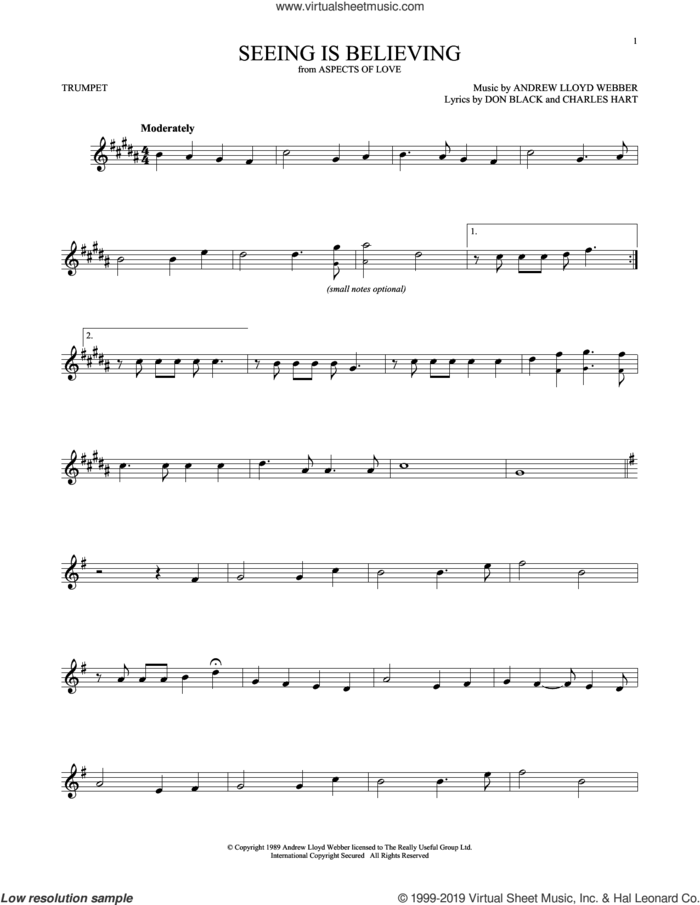 Seeing Is Believing (from Aspects of Love) sheet music for trumpet solo by Andrew Lloyd Webber, Charles Hart and Don Black, intermediate skill level