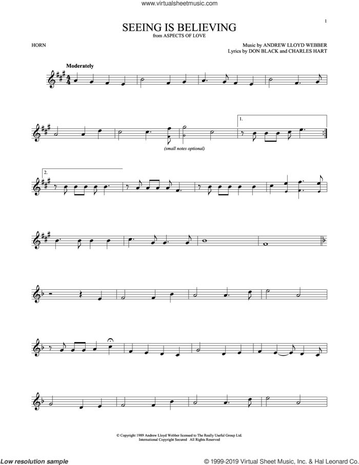 Seeing Is Believing (from Aspects of Love) sheet music for horn solo by Andrew Lloyd Webber, Charles Hart and Don Black, intermediate skill level