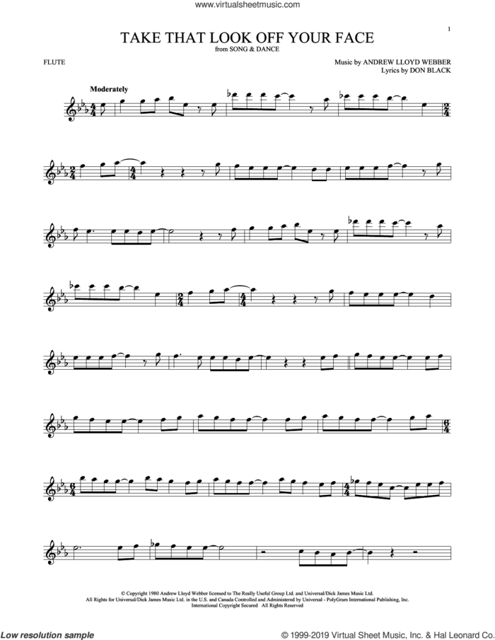 Take That Look Off Your Face (from Tell Me On a Sunday) sheet music for flute solo by Andrew Lloyd Webber and Don Black, intermediate skill level