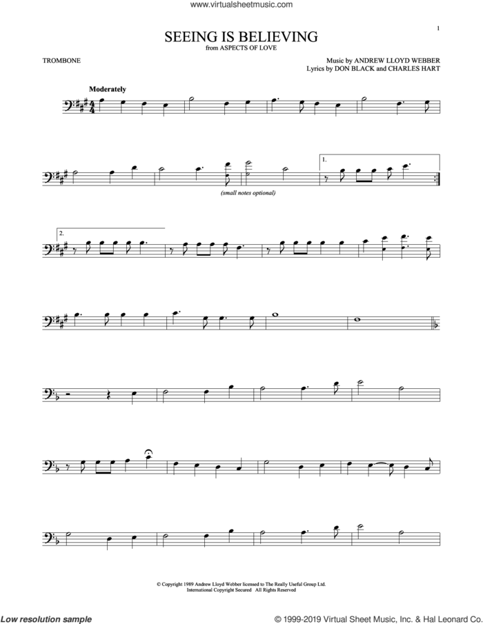 Seeing Is Believing (from Aspects of Love) sheet music for trombone solo by Andrew Lloyd Webber, Charles Hart and Don Black, intermediate skill level
