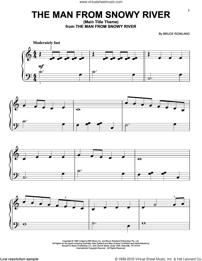 The Man From Snowy River (Main Title Theme), (beginner) sheet music for piano solo by Bruce Rowland, beginner skill level
