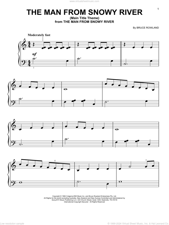 The Man From Snowy River (Main Title Theme), (beginner) sheet music for piano solo by Bruce Rowland, beginner skill level