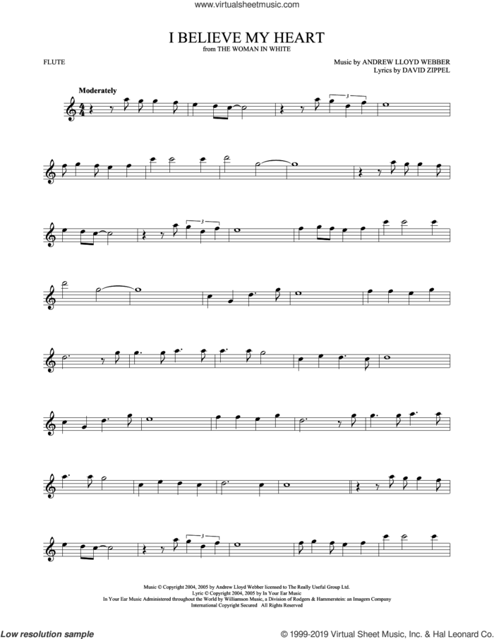 I Believe My Heart (from The Woman In White) sheet music for flute solo by Andrew Lloyd Webber and David Zippel, intermediate skill level