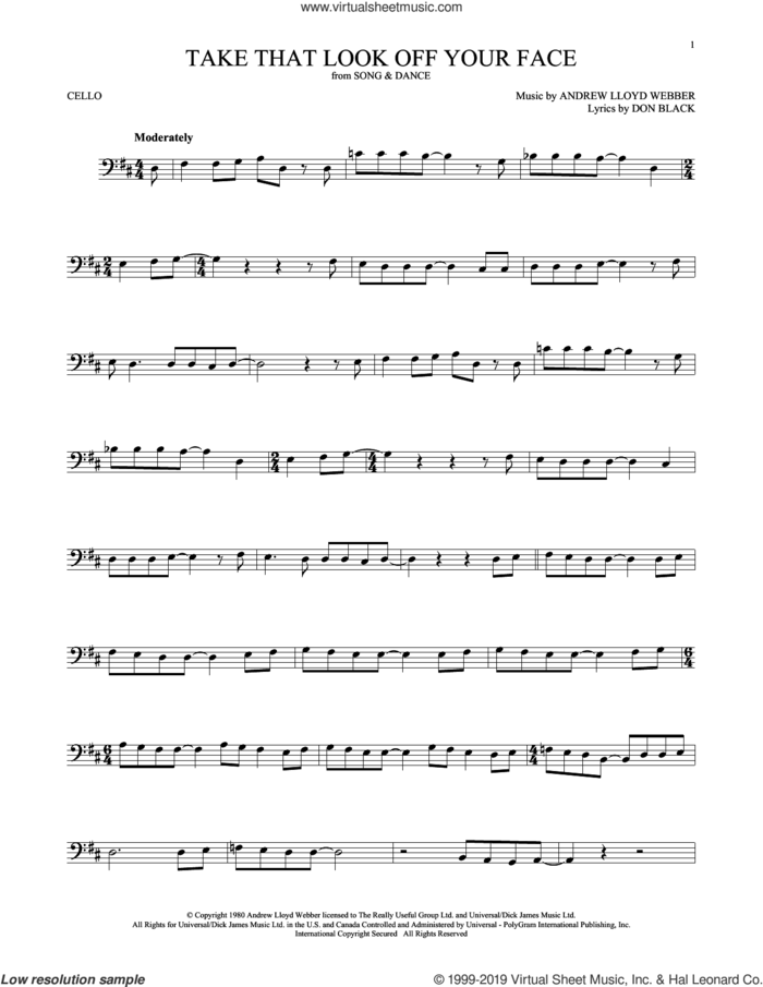 Take That Look Off Your Face (from Tell Me On a Sunday) sheet music for cello solo by Andrew Lloyd Webber and Don Black, intermediate skill level