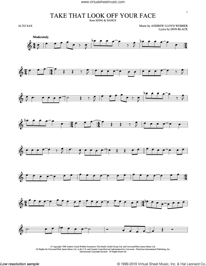Take That Look Off Your Face (from Tell Me On a Sunday) sheet music for alto saxophone solo by Andrew Lloyd Webber and Don Black, intermediate skill level