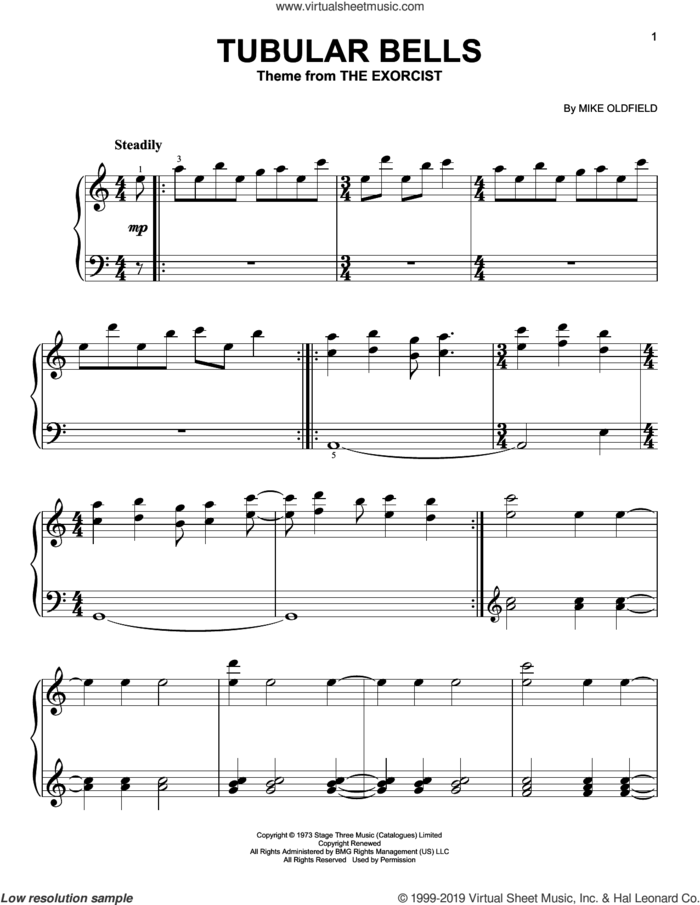 Tubular Bells (from The Excorcist) sheet music for piano solo by Mike Oldfield, beginner skill level