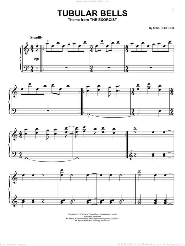 Tubular Bells (from The Excorcist) sheet music for piano solo by Mike Oldfield, beginner skill level