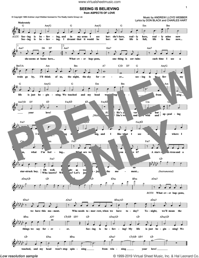 Seeing Is Believing (from Aspects of Love) sheet music for voice and other instruments (fake book) by Andrew Lloyd Webber, Charles Hart and Don Black, intermediate skill level