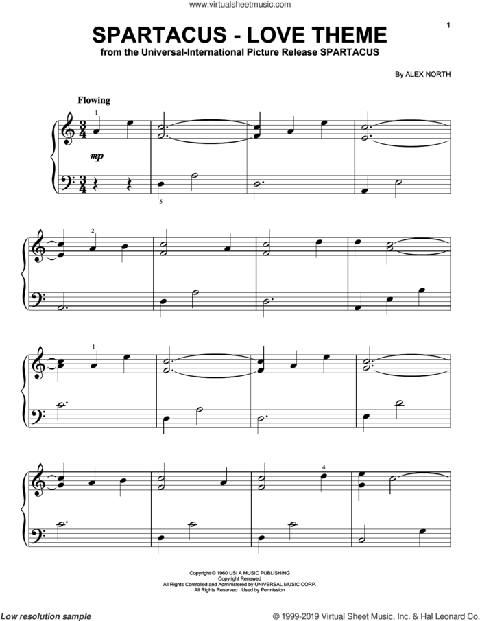 Spartacus - Love Theme (from Spartacus) sheet music for piano solo by Alex North, beginner skill level