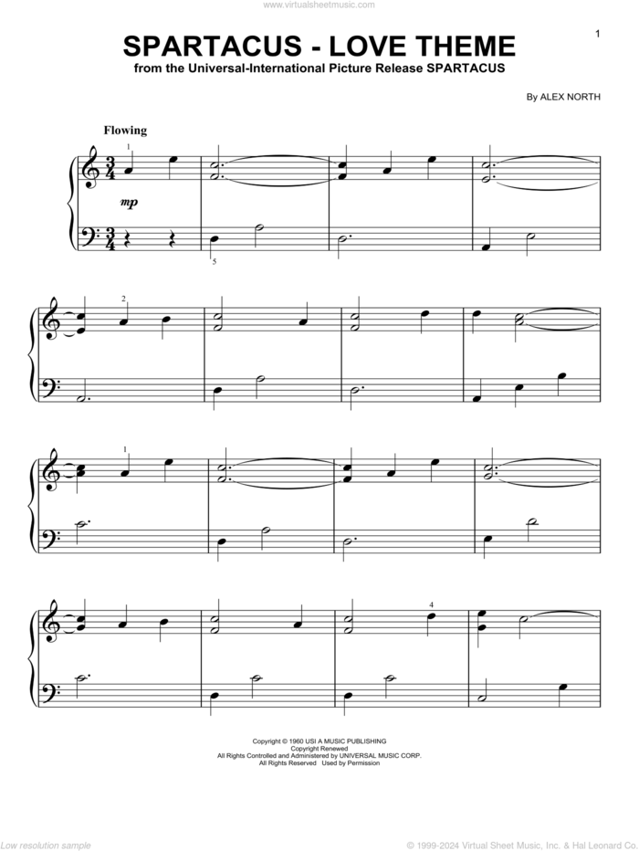 Spartacus - Love Theme (from Spartacus) sheet music for piano solo by Alex North, beginner skill level